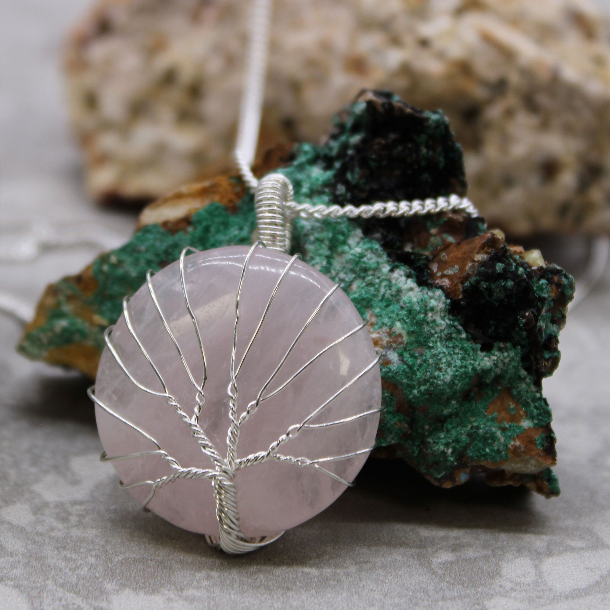 Edelsteinhalskette Tree of Life - Rosenquartz
