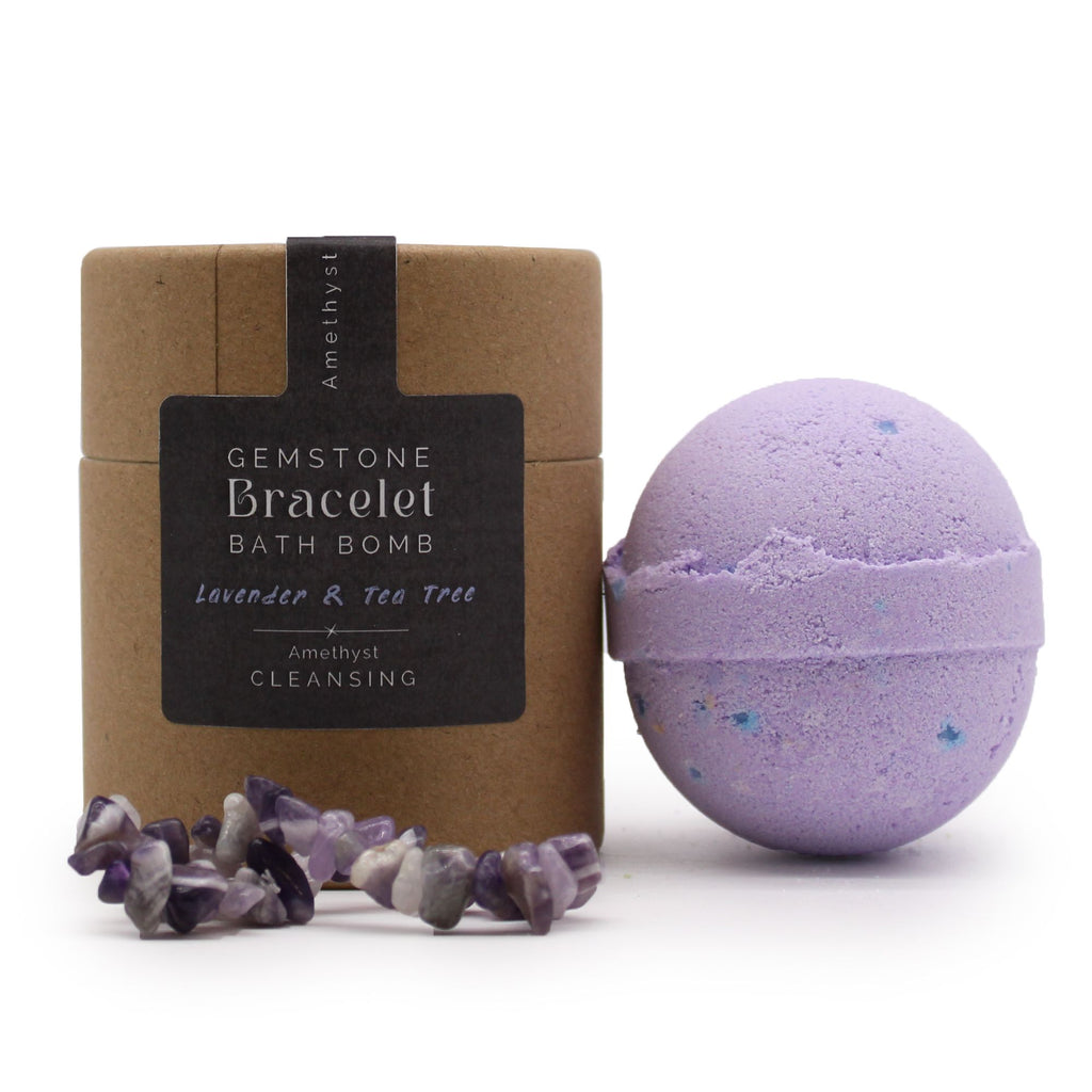 Badebombe mit Amethyst-Armband – Lavendel, Teebaum & Meersalz