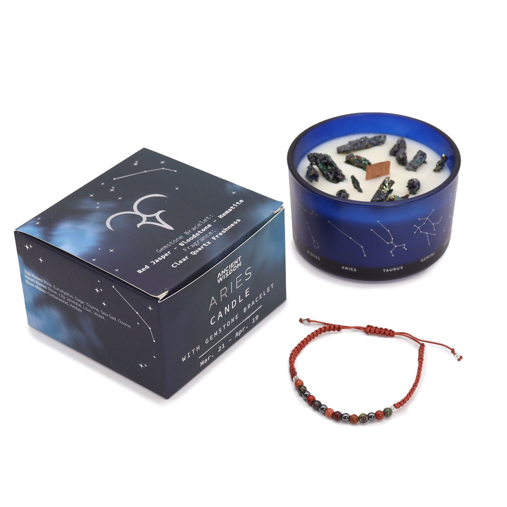 Sternzeichenkerze mit Edelsteinarmband – Widder
