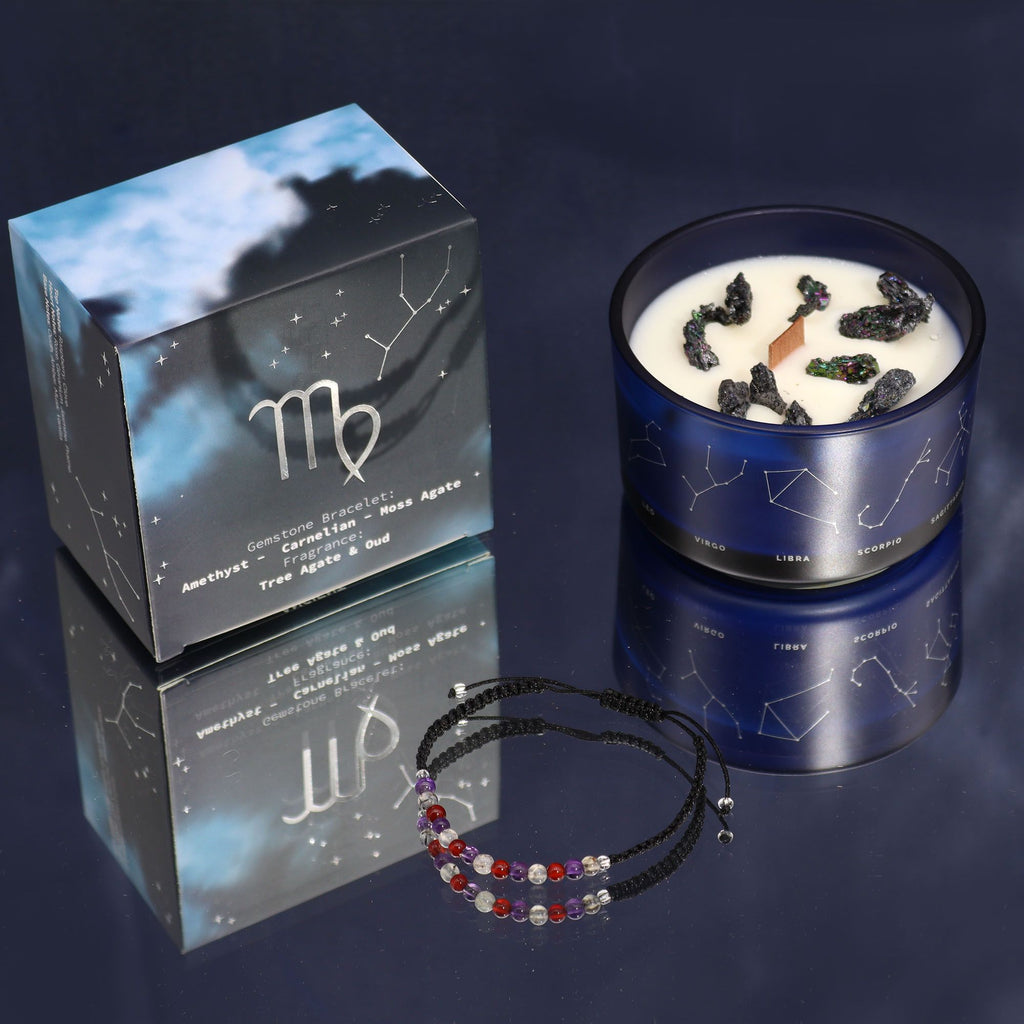 Sternzeichenkerze mit Edelsteinarmband – Jungfrau