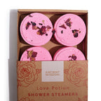 Aromatherapie Zen Duschbomben Set „Love Potion“ – 4 Shower Steamer für Sinnlichkeit & Wärme