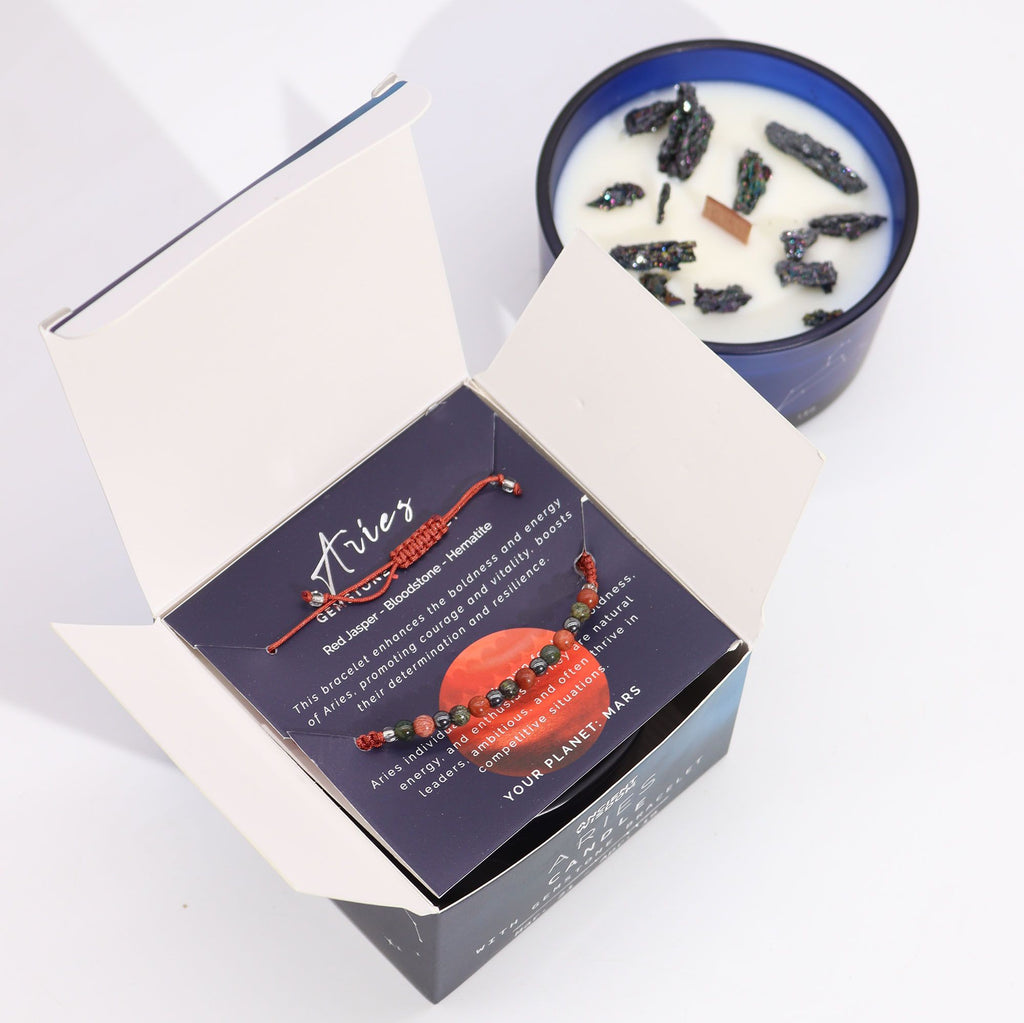 Sternzeichenkerze mit Edelsteinarmband – Widder