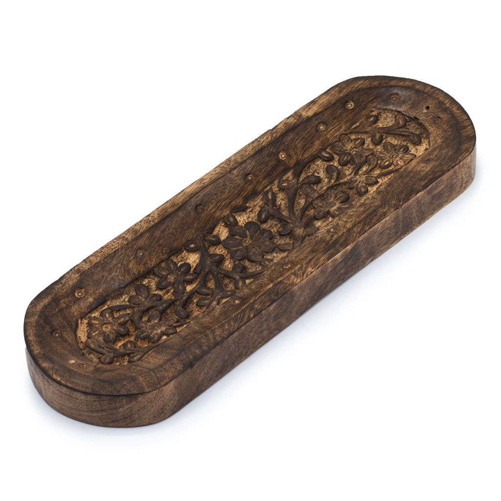 Räucherstäbchenhalter aus Mangoholz mit Blumenmotiv, groß