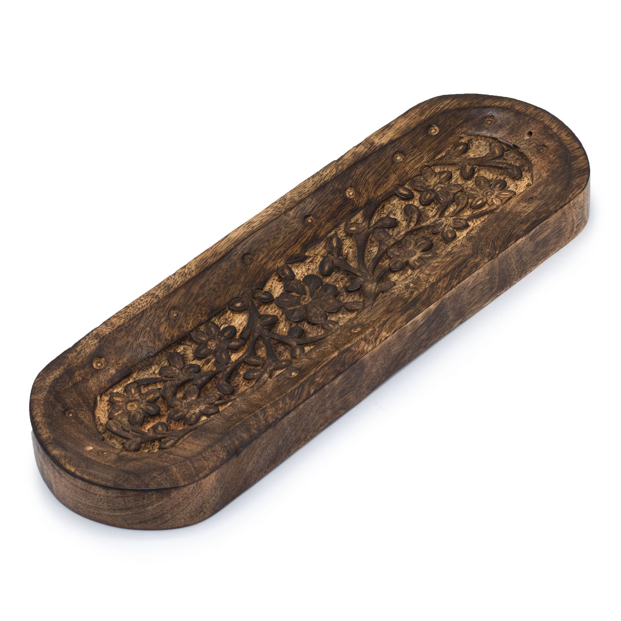 Räucherstäbchenhalter aus Mangoholz mit Blumenmotiv, groß