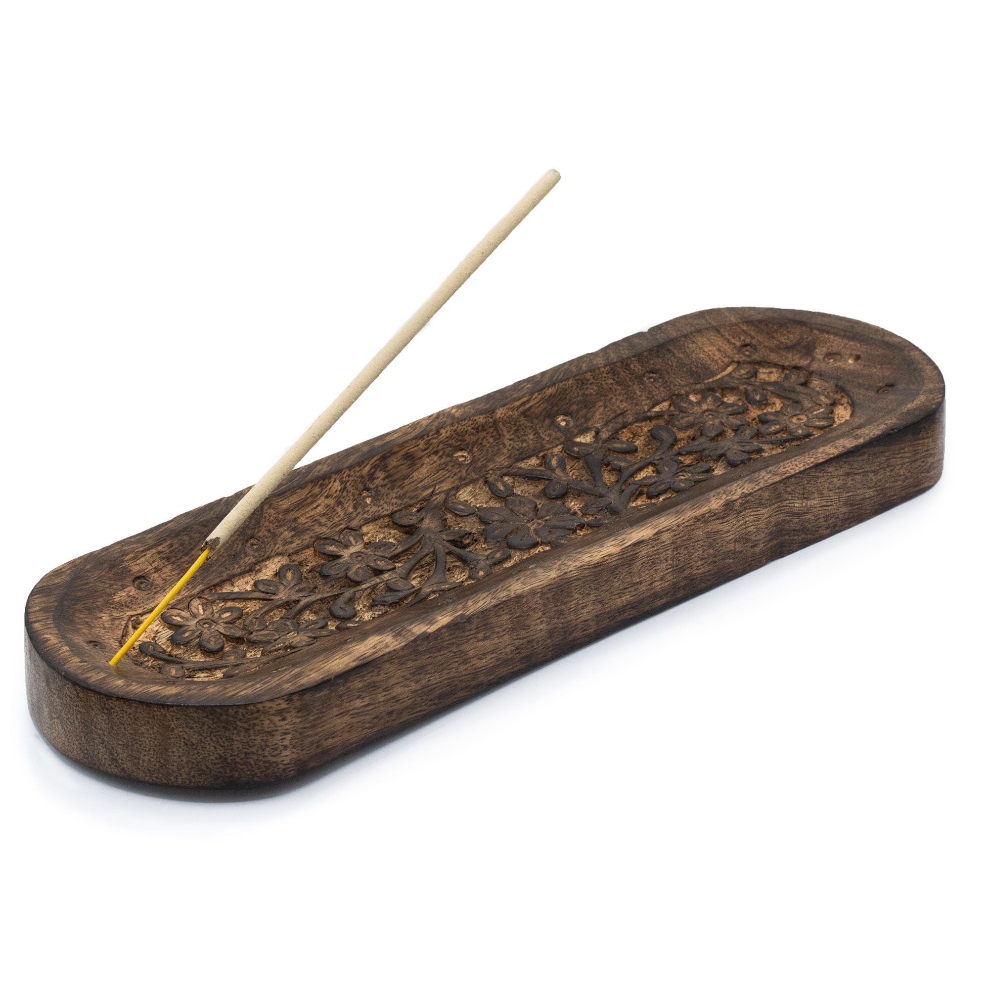 Räucherstäbchenhalter aus Mangoholz mit Blumenmotiv, groß