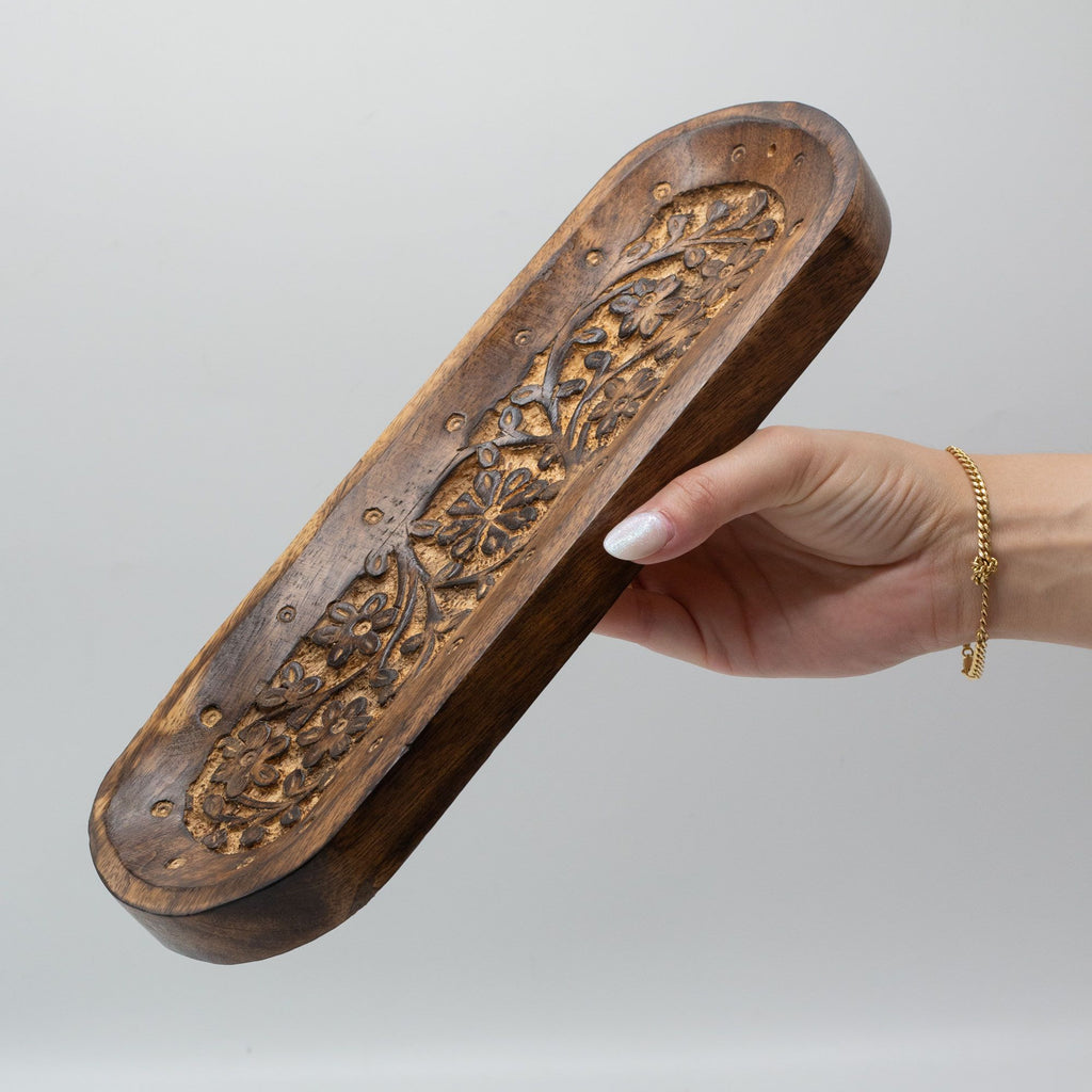 Räucherstäbchenhalter aus Mangoholz mit Blumenmotiv, groß