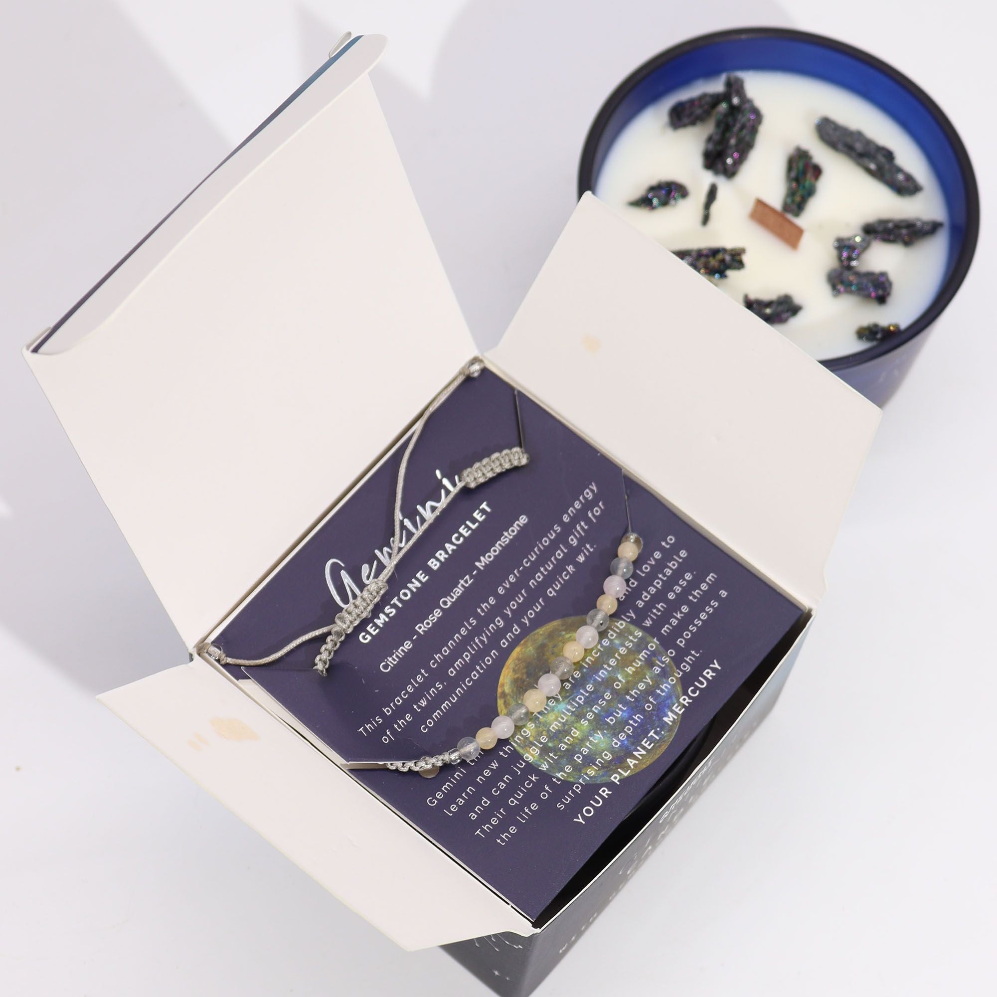 Sternzeichenkerze mit Edelsteinarmband – Zwillinge