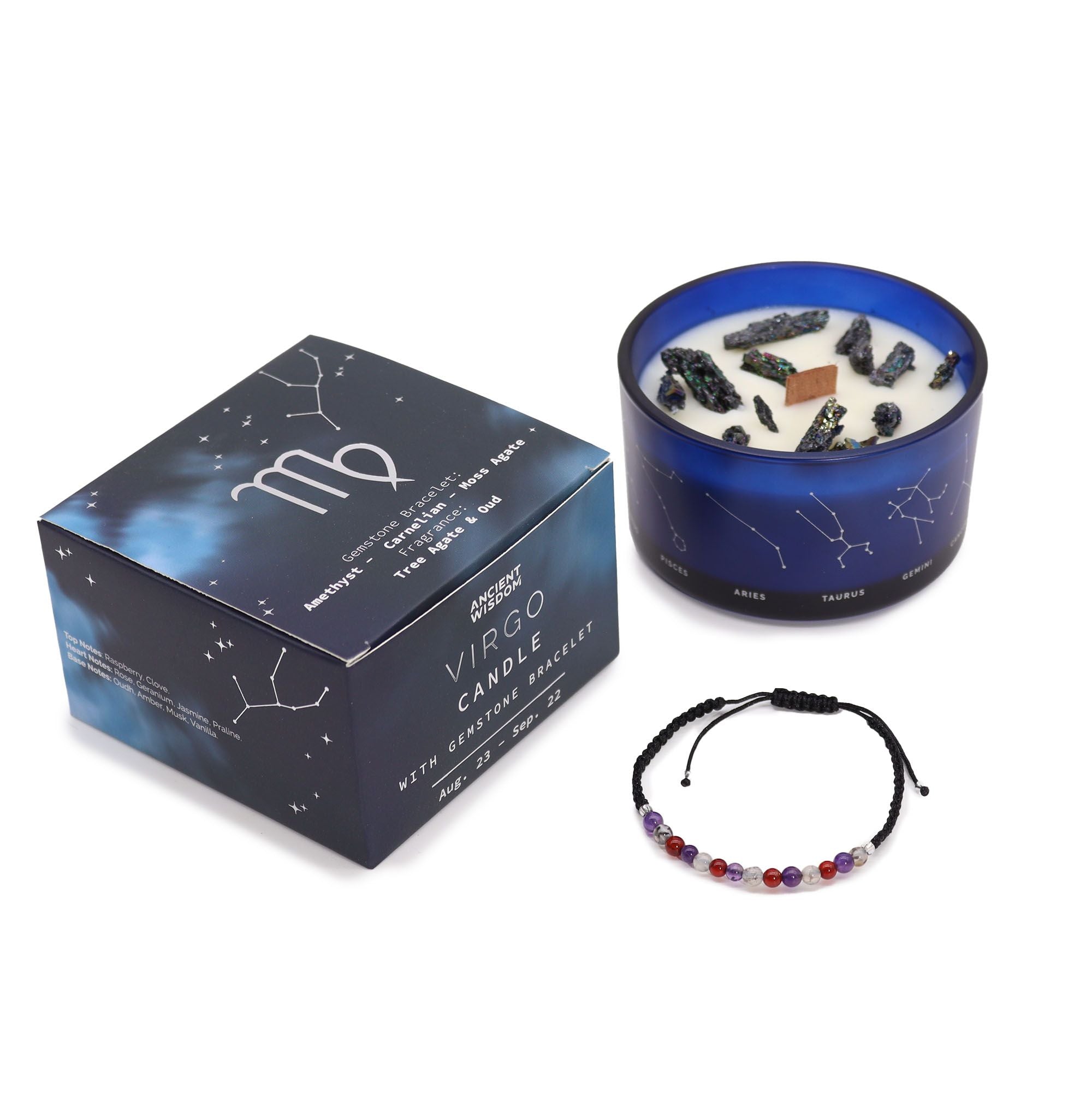 Sternzeichenkerze mit Edelsteinarmband – Jungfrau